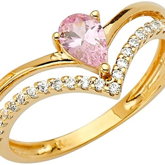 Solid 14K Yellow Gold  2 Line Fancy CZ Ring - Picture 3 of 4